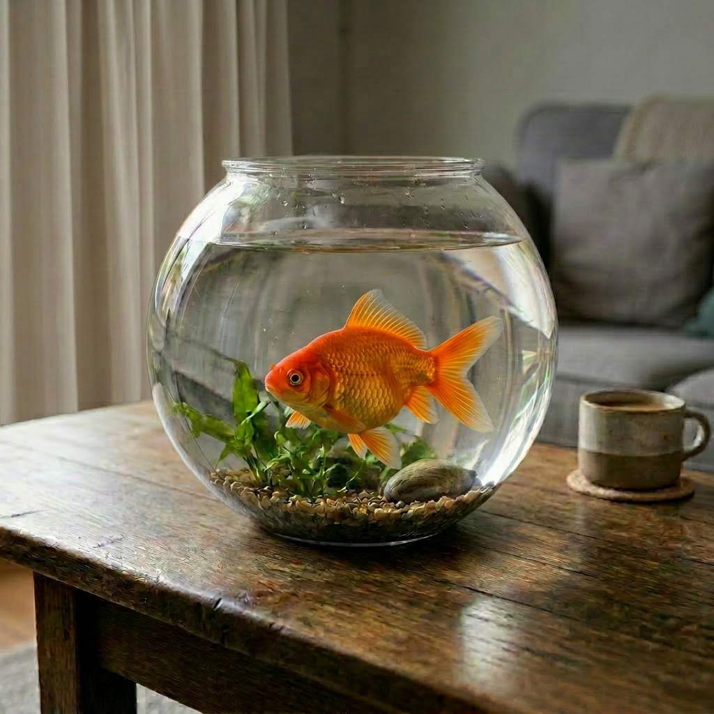 Orange goldfish swimming in a glass bowl on a wooden table with books and a mug nearby