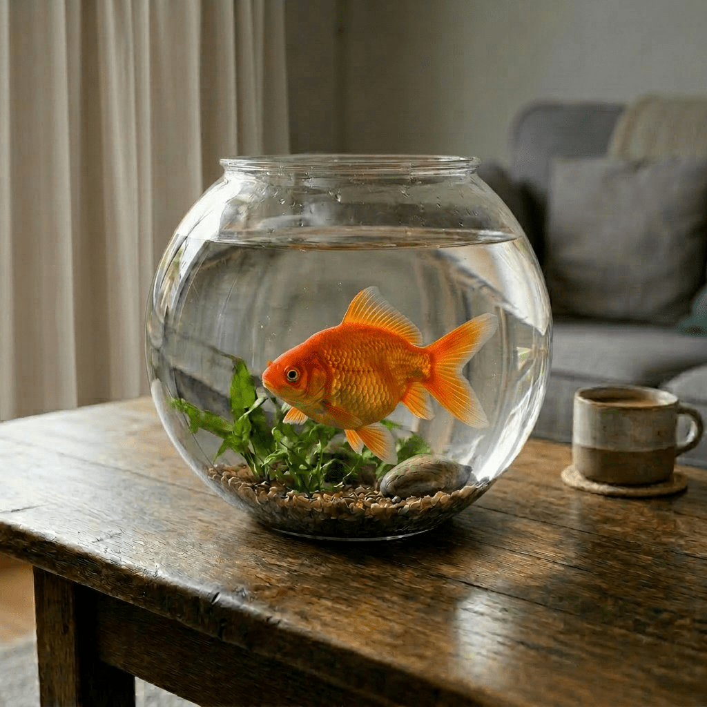 Orange goldfish swimming in a glass bowl on a wooden table with books and a mug nearby