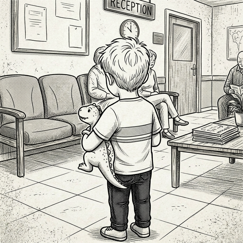 Child sitting on a chair in a clinic reception area holding a toy dinosaur