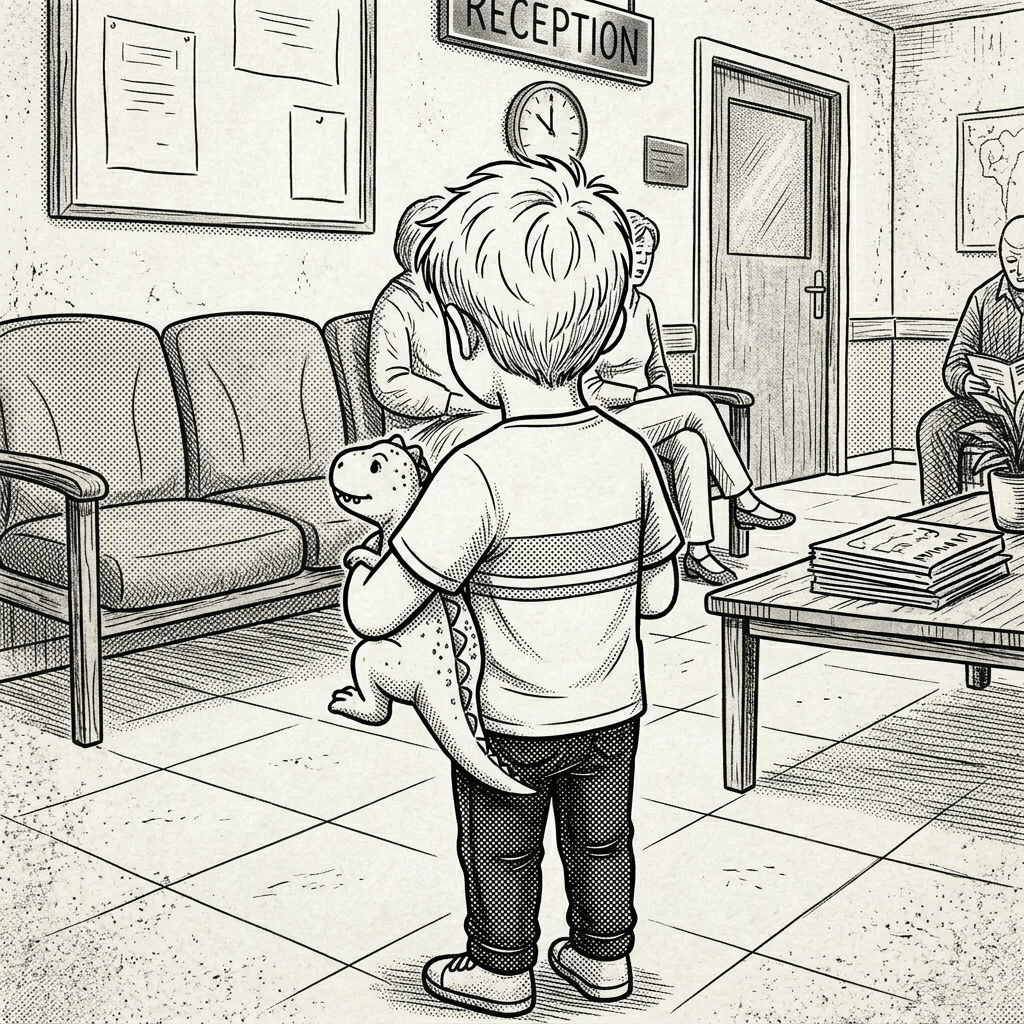 Child sitting on a chair in a clinic reception area holding a toy dinosaur