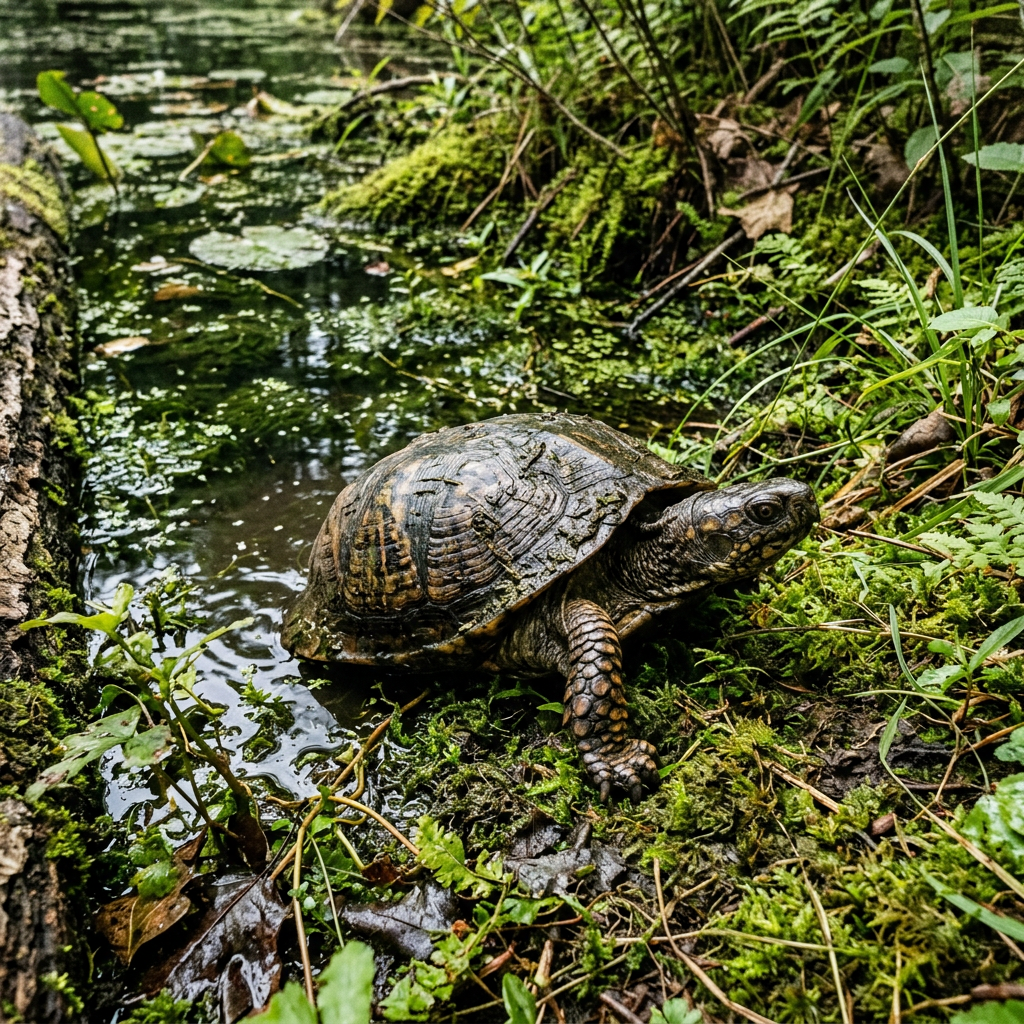 Turtle near the edge of a mossy stream in a forest