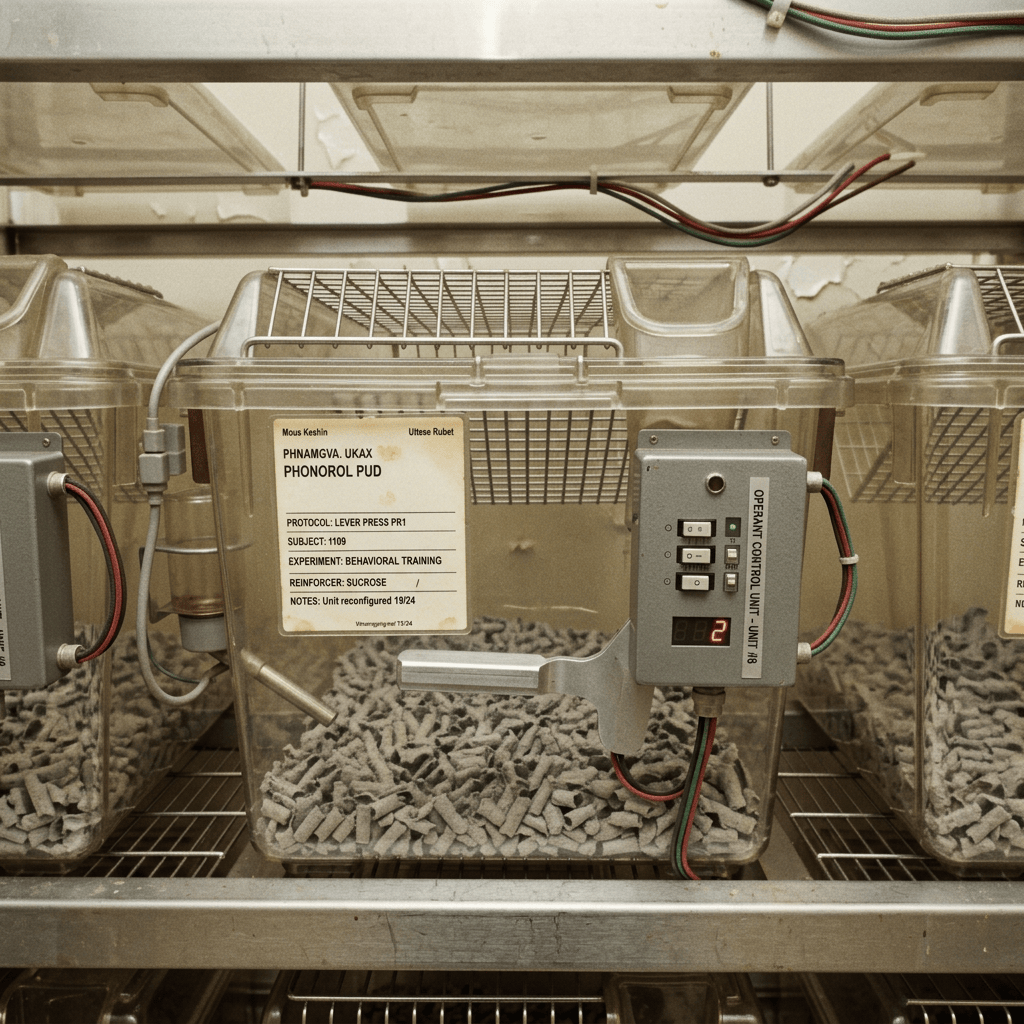 Mouse in chamber labeled PHONOROL PUD with lever and control unit