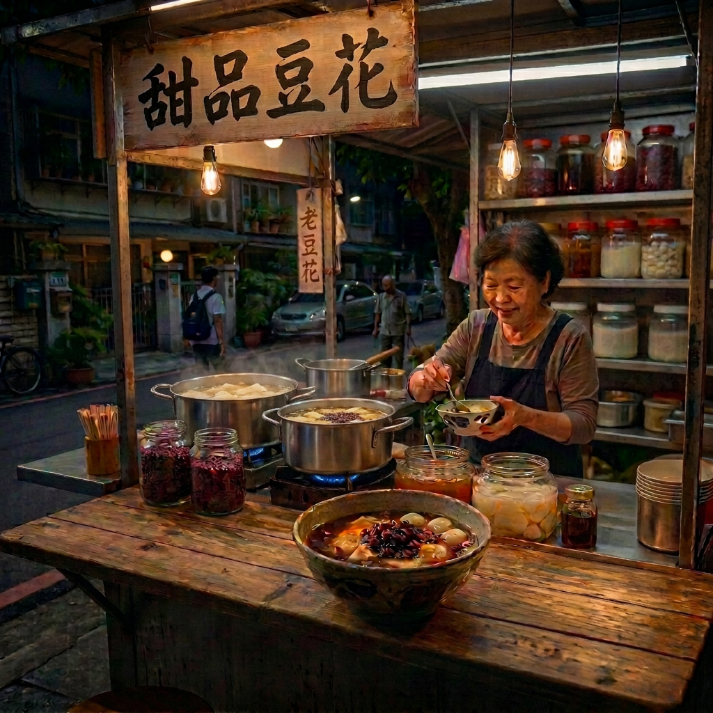 Vendor serving tofu pudding at a busy night-market stall