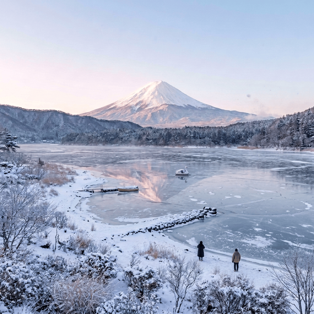 Mount Fuji rising behind an autumn-colored lake with boats and visitors